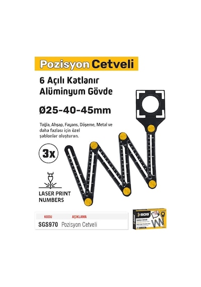 Sgs 6 Açılı Katlanır Pozisyon Şablon Cetveli 3x 25-40-45 Mm.