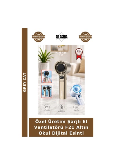 Özel Üretim Şarjlı El Vantilatörü F21 Altın Okul Dijital Esinti