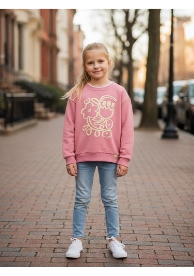 Kız Çocuk Pamuklu Çiçek Desenli Sweatshirt-16337 Pembe