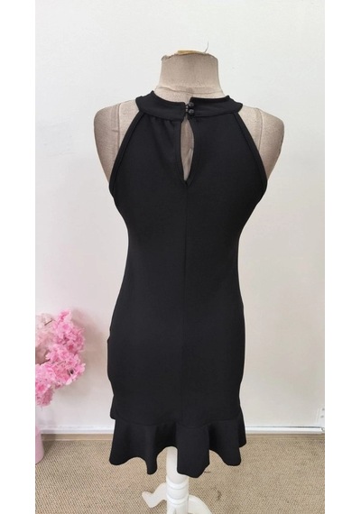 Defymoda Kadın Omuzlardan Açık Halka Yakalı Fırfırlı Janjan Kısa Elbise Siyah