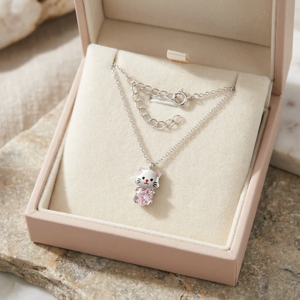 925 Ayar Gümüş Sevimli Kedi Tasarımlı Pembe Taşlı Kadın Kolye