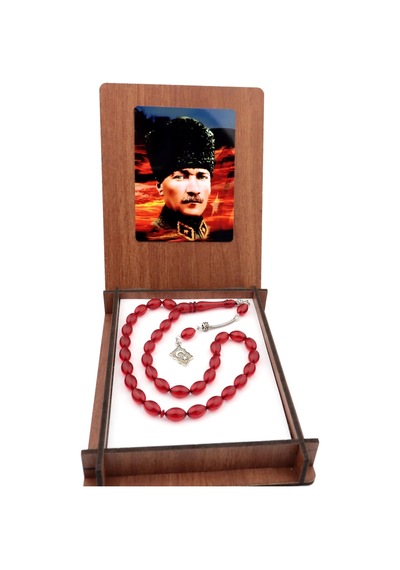 Ahşap Kutulu Atatürk ve Bayrak Temalı Ateş Kehribar Tesbih