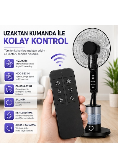 16 İnç Buharlı Vantilatör, 4l Su Hazneli Ayaklı Fan, Uzaktan Kumandalı, Led Ekranlı, 3 Hız Kademeli, 3 Modlu, Nemlendirici Özellikli, Salınımlı Sessiz Vantilatör