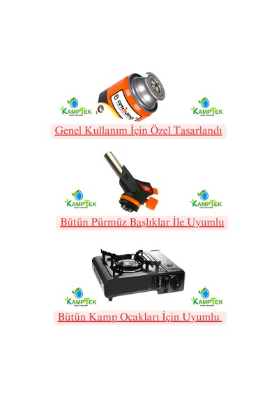 Kamptek Bütan Propan 3 Adet Gaz Kartuşu 400 Ml 1 Adet 1300 C / 2500 F Kamp Pürmüz Başlığı Kırmızı