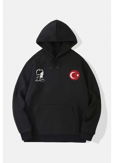 10 Kasıma Özel Üç İplik Kapşonlu Baskılı Sweatshirt - Siyah 001