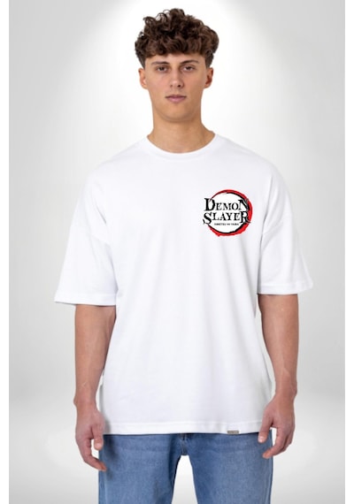 Anime Demon Slayer Beyaz Oversize Unisex Ön Ve Sırt Baskılı Tişört Beyaz
