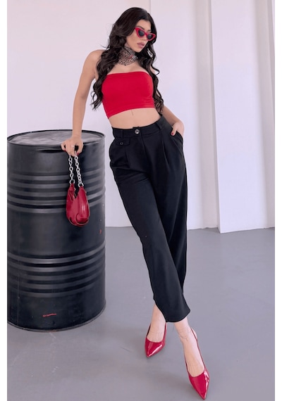 Paw Garage Kadın Jessia Bel Ve Paça Düğmeli Balon Model Likralı Kumaş Pantolon Siyah