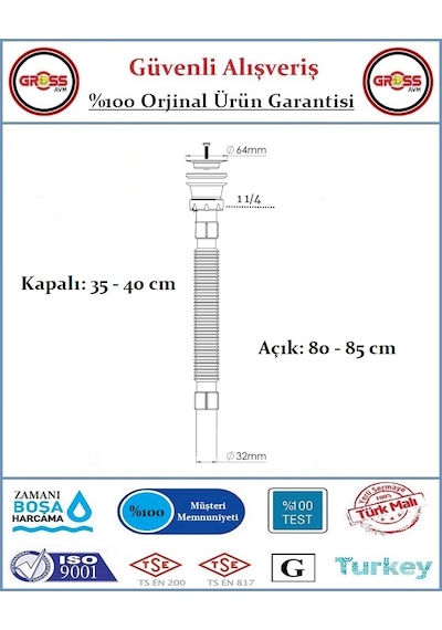 Lavabo Evye Gider Sifonu - Körüklü - Paslanmaz Süzgeç - Paslanmaz Beyaz
