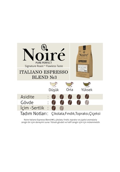 Noire Italiano Espresso Blend 3 1000g %100 Arabica Blend Çekirdek