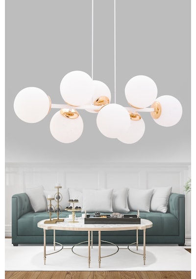 Cross 8'li Beyaz - Altın Modern Beyaz Glob Camlı Sarkıt Avize Oturma Odası Salon Mutfak Beyaz Beyaz
