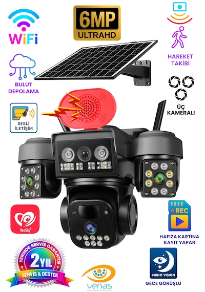 Wifi 3 Kameralı Kablosuz Solar Panelli Gece Görüşlü Güvenlik Kamerası Wifi 3 Kameralı Kablosuz Solar Panelli Gece Görüşlü Güvenlik Kamerası