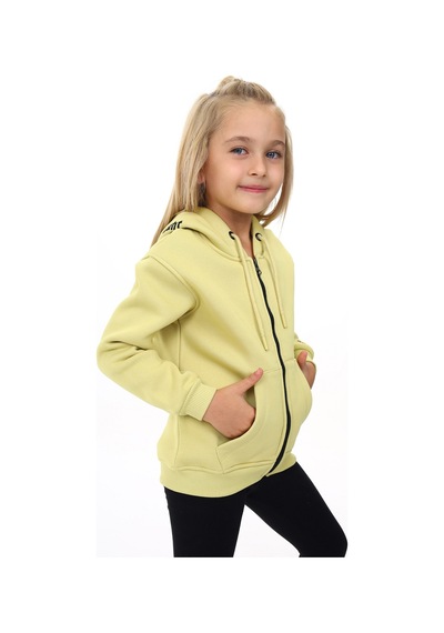 Toontoy Kız Çocuk Bej Kapüşonlu Fermuarlı Cepli Nakış Baskılı Örme Hırka - 2 İplik Şardonlu Açık Yeşil