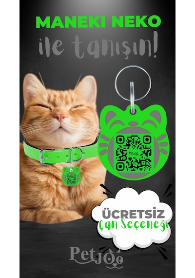 Petjoo 4.Maneki Neko Gri-Yeşil Qr'lı Kedi Künyesi
