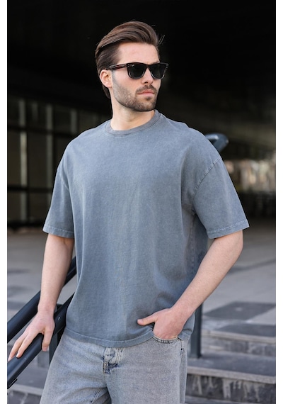 Madmext Gri %100 Pamuklu Oversize Erkek Tişört E7178 Gri