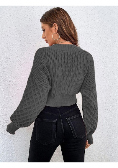 Aqe Fashion V Yaka Örgü Desenli Triko Crop Antrasit Hırka Antrasit