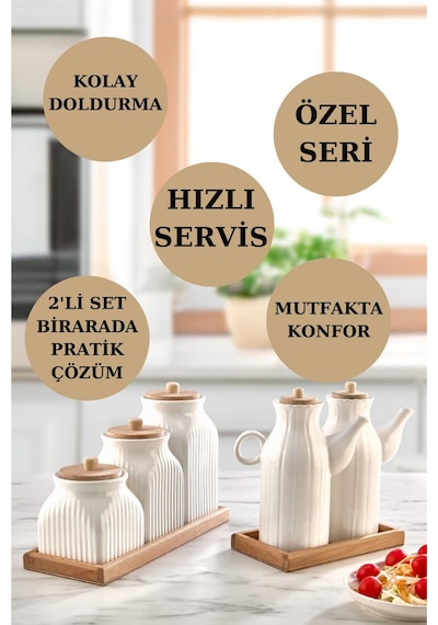 7 Parça Standlı Vakumlu Yağdanlık Ve 3'lü Çay Şeker Kahve Baharat Seti Ve Türk Kahve Kavanoz Seti Beyaz