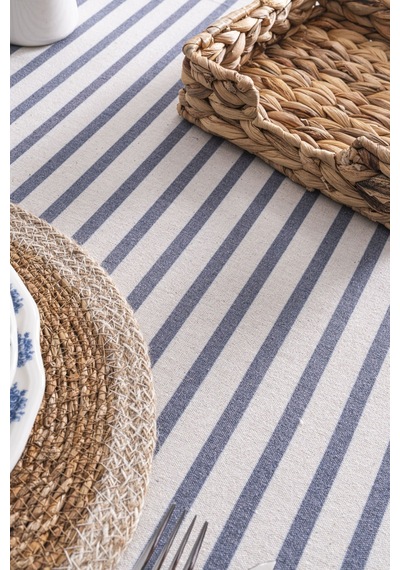 Lacivert Çizgili Keten Runner 40x140 Cm - Yumuşak Dokulu Lacivert