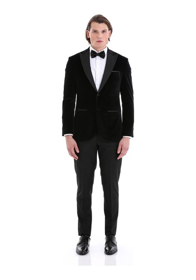 Hatemoğlu Siyah Slim Fit Düz Sivri Yaka Kadife Klasik Damatlık Siyah