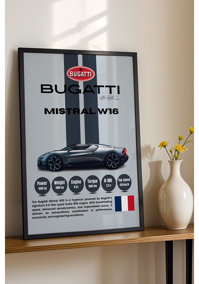Bugatti Mistral W16 Araba Tablosu - Teknik Özellikli Otomobil Poster - Çerçeveli Duvar Dekoru Siyah