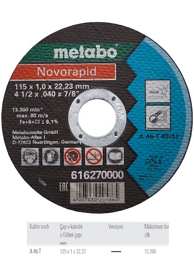Metabo 616271000 Novorapid 115x1,0x22,23 İnox Kesme Diski 25 Adet