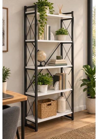 Sulorahome 5 Raflı Metal Kitaplık Beyaz Ve Siyah Beyaz - Siyah