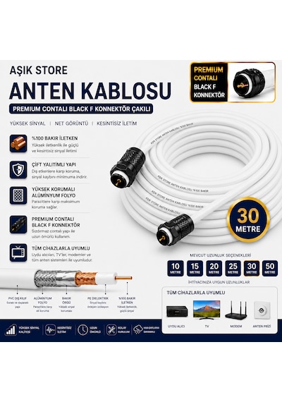 30 Metre Premium Anten Kablosu %100 Bakır İç İletken Contalı Black F Konnektör Çakılı Koaksiyel Tv Uydu Kablosu