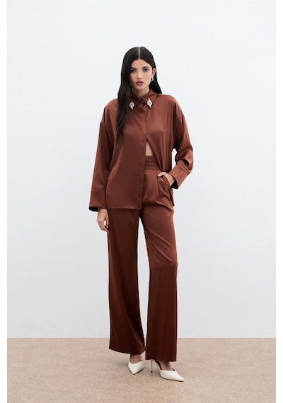 Sateen Aksesuar Detaylı Gömlek - Kahve-135987 Kahve