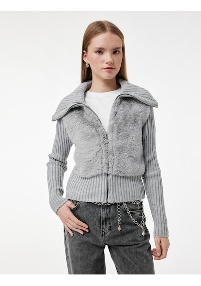 Koton Slim Fit Uzun Kollu Dik Yaka Fermuarlı Suni Kürklü Hırka Gri 6wal90021ıt Gri