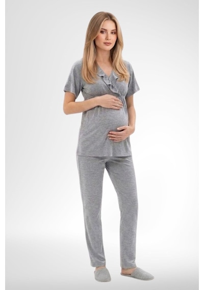 Mecit Pijama Mecit 6403 Sabahlıklı Lohusa Pijama Takımı Gri