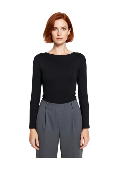 Frm Kadın Moda Şık Üst Giyim Crop Kayık Yaka Slim Kalıp Örme Pamuklu siyah