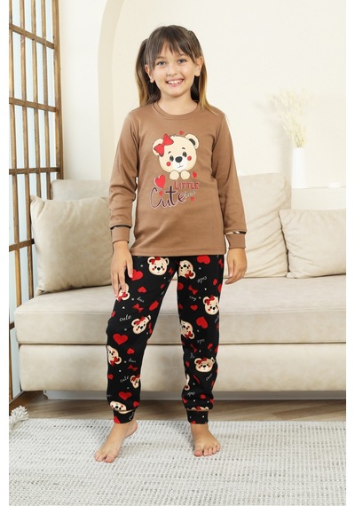 Kız Çocuk Ayıcık Baskılı %100 Pamuk İnterlok Kumaş Pijama Takımı 12347 Kahverengi