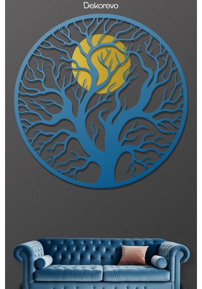 Hayat Ağacı Ve Güneş Metal Duvar Tablosu - Metal Duvar Sanatı - Mavi - 30 X 30 Cm