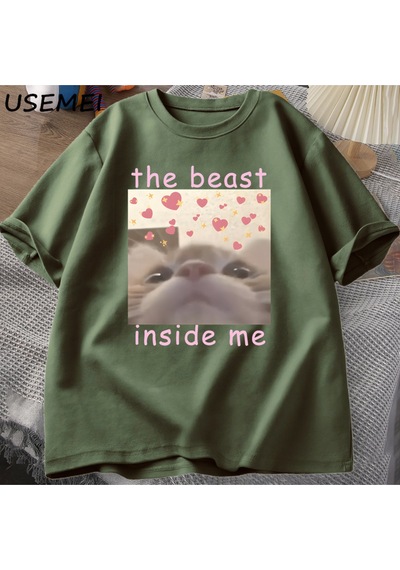 Flood Of Style The Beast Inside Me Cat Meme T-shirt Men Women Dank Memes Tee Shirt Silly Cats Unhinged Tshir Yeşil