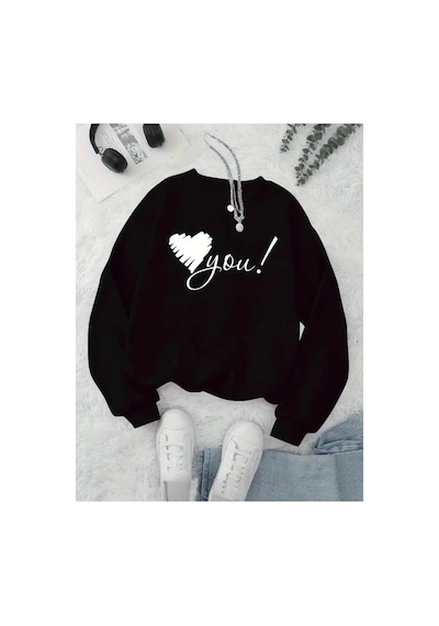 Medinenur Love You Baskılı 2 İplik Şardonlu Bisiklet Yaka Swatshirt Siyah