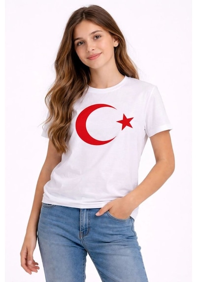 Kız Çocuk Tişört Bisiklet Yaka Ay Yıldız Bayrak Baskılı T-shirt - Beyaz