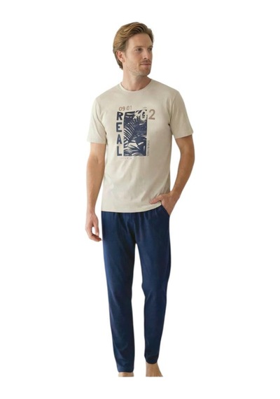 Donwear Erkek %100 Pamuk Penye Yazlık Kısa Kollu Pijama Takımı Bej