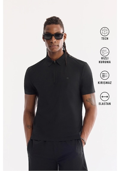 Avva Erkek Siyah Polo Yaka Fermuarlı Hızlı Kuruyan Kırışmaz Teknik Kumaş Regular Fit T-shirt A61y1124