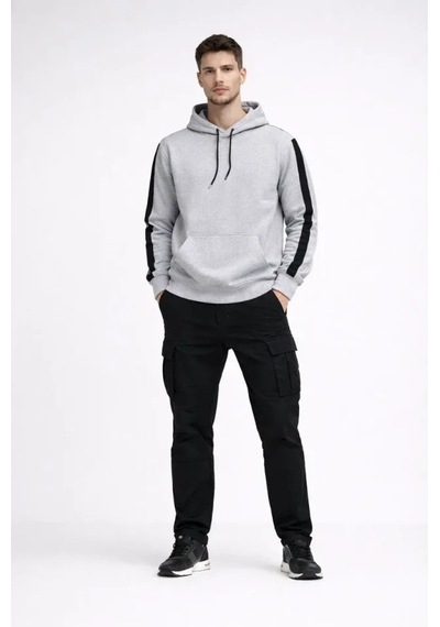 Efnaz Style Erkek Şeritli Kapüşonlu Sweatshirt Oversize 3 Iplik Pamuklu - Beyaz