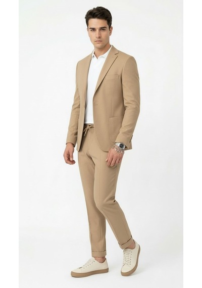 Pike Kumaş Jogger Pantolonlu Erkek Takım Elbise Torba Cepli Tek Düğme Slim Fit Kombin Bej