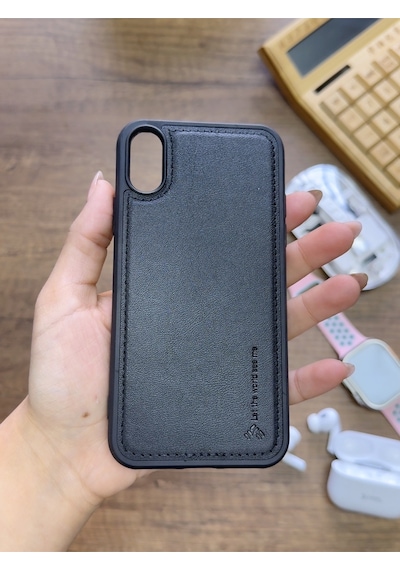 Apple iPhone X Uyumlu Premium Deri Dokulu Darbelere Karşı Dayanıklı Nazal Silikon Kılıf Siyah
