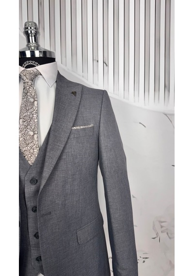 Dupont Classics Dupont Erkek Slim Fit Yelekli Takım Elbise 6 Drop Çift Yırtmaç Gri