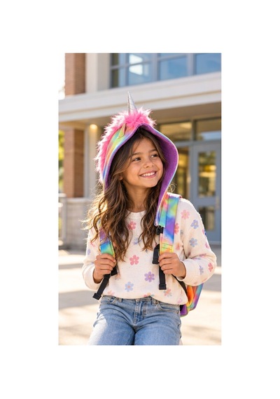 Unisex Çocuk Su Geçirmez Unicorn Tasarımlı Çıkarılabilir Kapüşonlu Sırt Çantası Çok Renkli