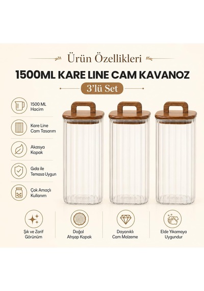 1500 Ml Kare Line Cam Kavanoz 3'lü Set, Akasya Kapaklı Şeffaf Cam Saklama Kavanozu, Ahşap Kapaklı Mutfak Düzenleyici, Bakliyat Makarna Kahve Çay Kuruyemiş Kuru Gıda Kabı Çok Renkli