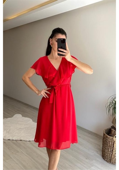 Neşeli Butik Kadın V Yaka Kuşaklı Mini Şifon Elbise Nm007 Kırmızı