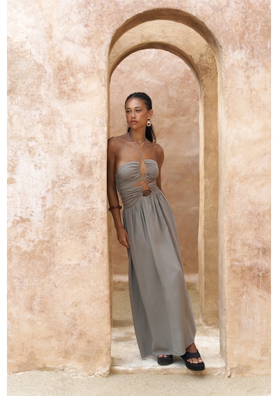 Mai Collection Mai Studios Co. Burnika Boncuk Detay Füme Keten Elbise Füme