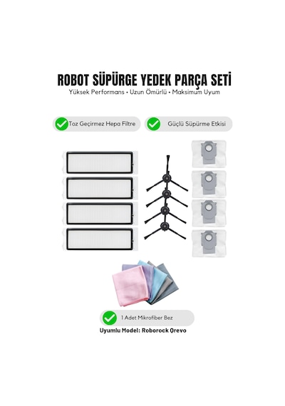 Roborock Qrevo İle Uyumlu 4 Siyah Yan Fırça 4 Filtre 4 Toz Torbası 1 Temizlik Bezi 14.0