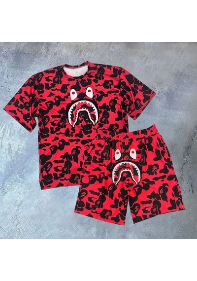 Defymoda Unisex Dijital Baskılı Şortlu Takım - Kırmızı Kırmızı