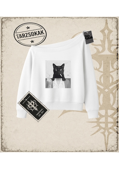 Tarzsokak Gotik & Grunge Streetwear Catwoman Kayık Yaka Sweatshirt Beyaz