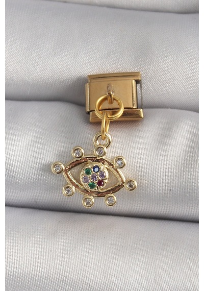 316l Çelik Gold Renk Sallantı Zirkon Taşlı Göz Model Nomination Charm - Çok Renkli
