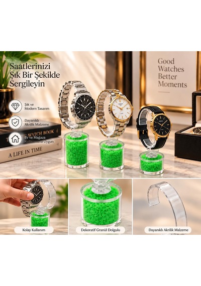 Saat Standı 3'lü Set Taşlı Model Yeşil Pleksi